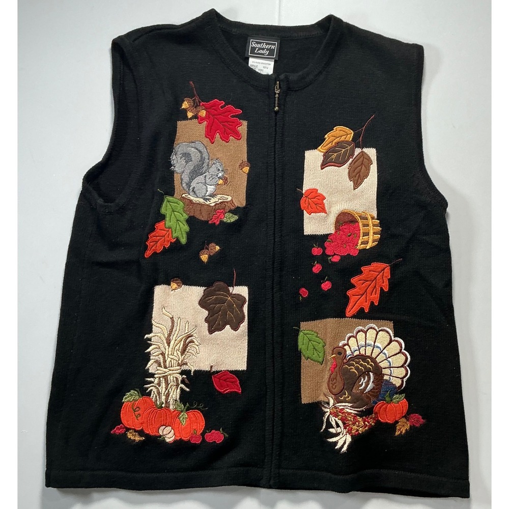 VTG Y2K Southern Lady Thanksgiving Sweater Vest Embroidered Fall TurkeyL Black